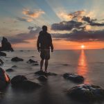 man, beach, sunset, silhouette, backlighting, male silhouette, rocks, rocky, shore, rocky shore, seashore, dusk, twilight, setting sun, sunrise, clouds, dawn, nature, ocean, outdoors, person, sea, seascape, sky, sun, water, man, man, man, man, man, beach, sunrise, sunrise, person
